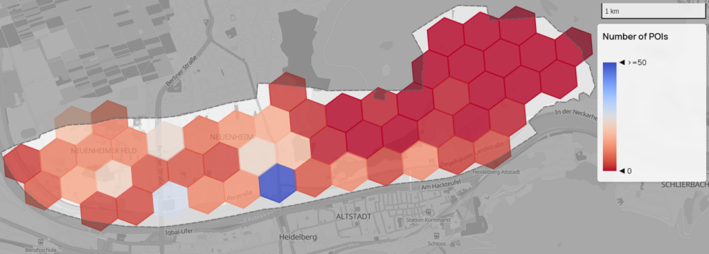 Map section with hexagonal grid overlay showing varying densities of points of interest from low in blue to high in red