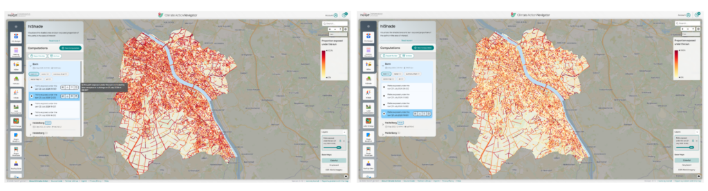 Side-by-side screenshots of a map interface showing a city with streets colored in shades of red and orange indicating data intensity