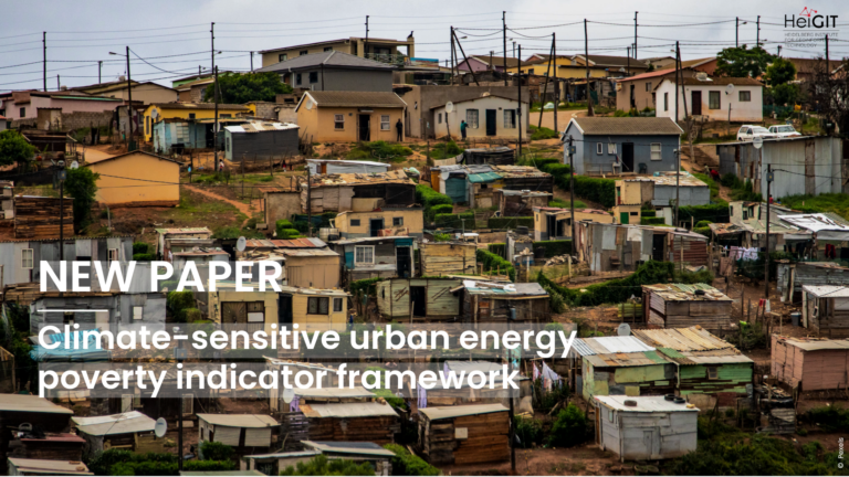 View of a densely packed informal settlement with small houses and the text 'NEW PAPER Climate-sensitive urban energy poverty indicator framework'