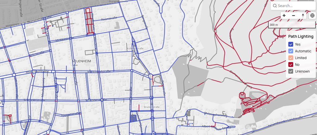 Map showing path lighting coverage with areas marked in blue for yes, red for no, and other colors for automatic, limited, and unknown lighting