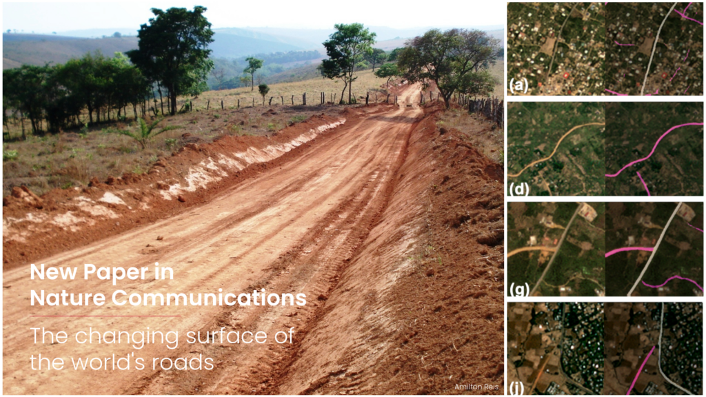 unpaved road on the right; Qualitative examples of model performance on Planet imagery on the left. the graphic is used to illustrate a new pablication in the nature communications journal.