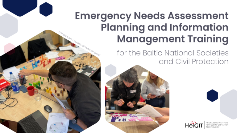 Two photos showing people engaged in emergency planning activities with documents and models on tables