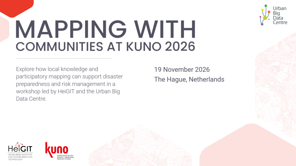 Text graphic titled 'MAPPING WITH COMMUNITIES AT KUNO 2026' with details about a workshop on 19 November 2026 in The Hague, Netherlands, organized by HeiGIT, KUNO, and the Urban Big Data Centre.