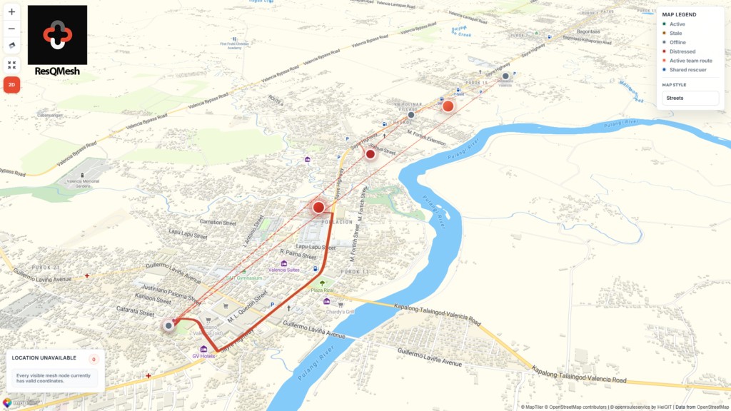 City map showing marked routes, points, and a legend for categories such as ambulance, station, distance, and active base route