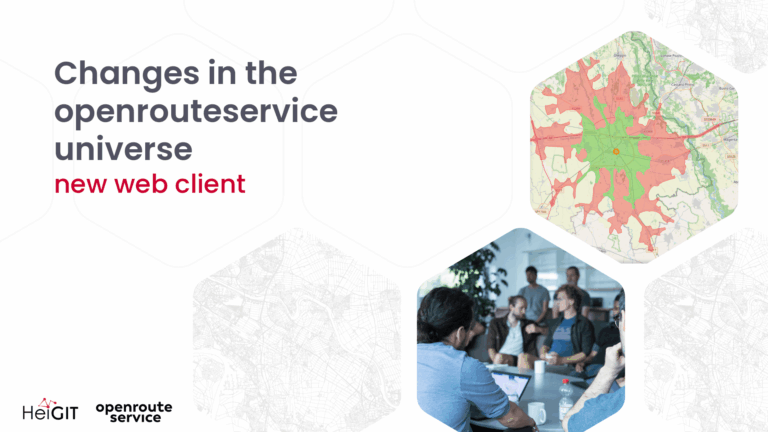 blog post banner announcing changes in the openrouteservice ecoszstem. the graphic also shows people talking and a screenshot of a new ors.client frontend.