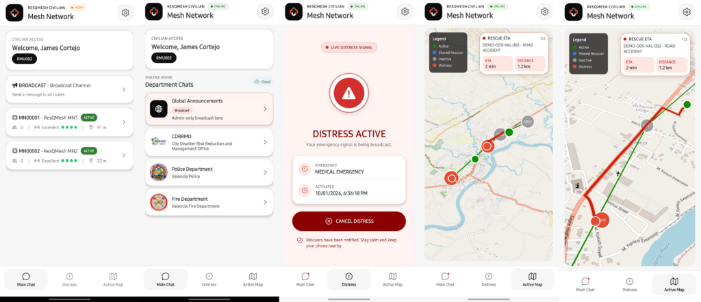 Five app screenshots showing chat overview, active distress alert, and map views with marked routes and locations.